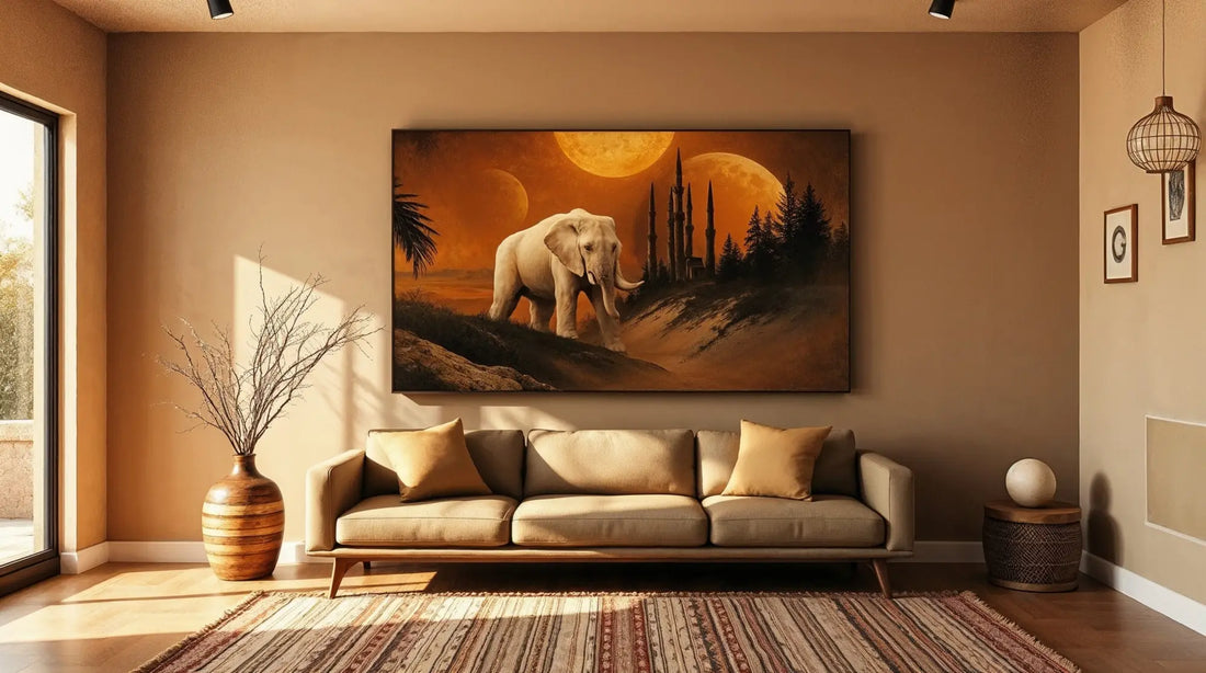 A painting of an elephant walking through a desert landscape with palm trees and mountains.