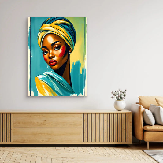 Vibrant portrait painting featuring yellow and turquoise head wrap against a teal background.