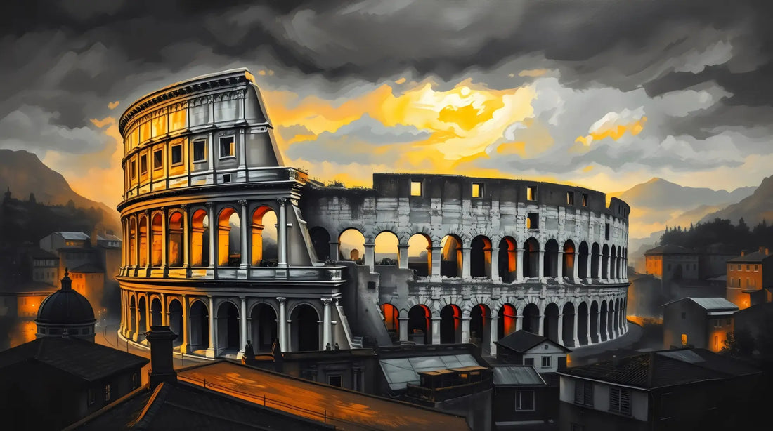 Ancient Roman Colosseum illuminated against a dramatic sunset sky.