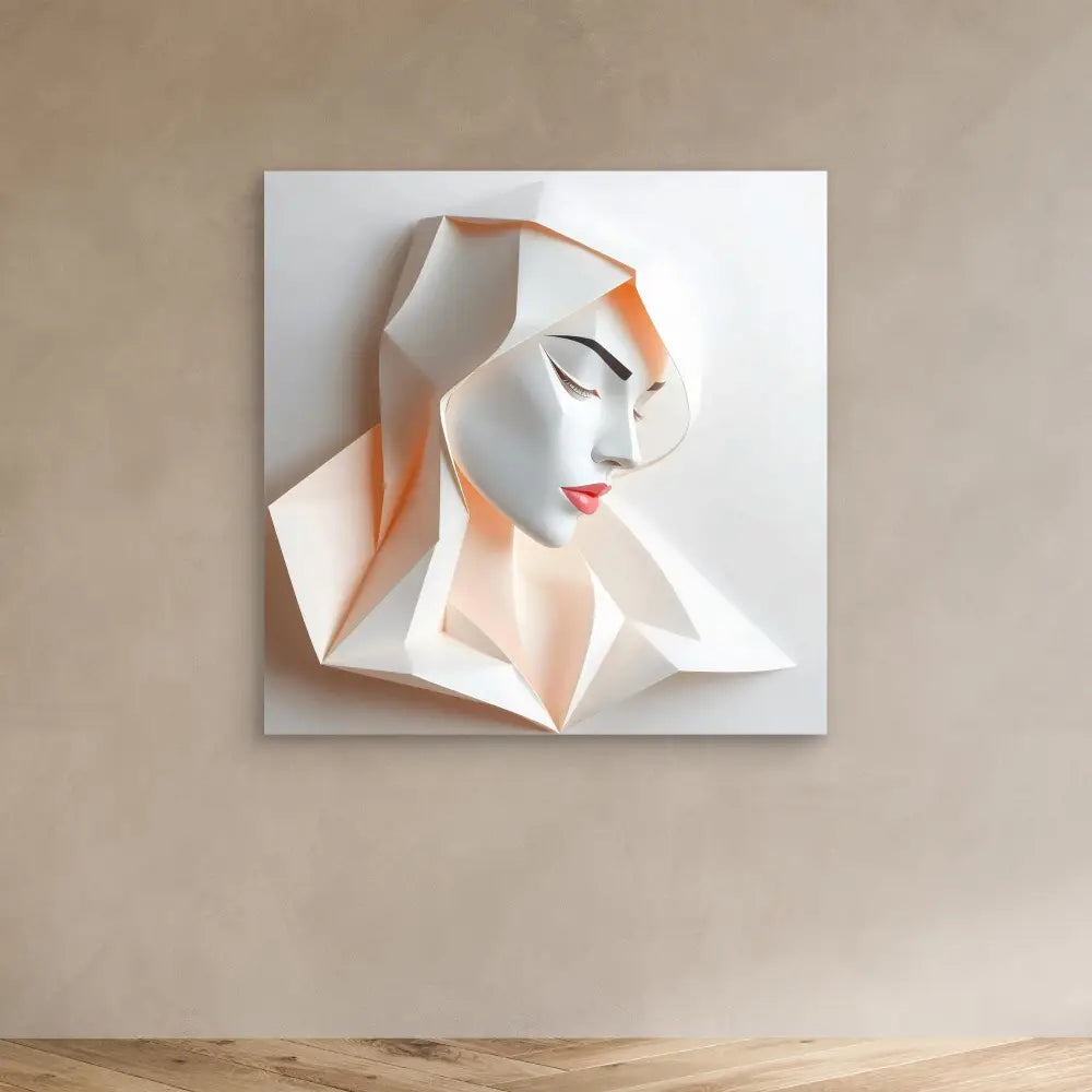 3D paper art sculpture of a profile portrait with peach and white geometric folds.