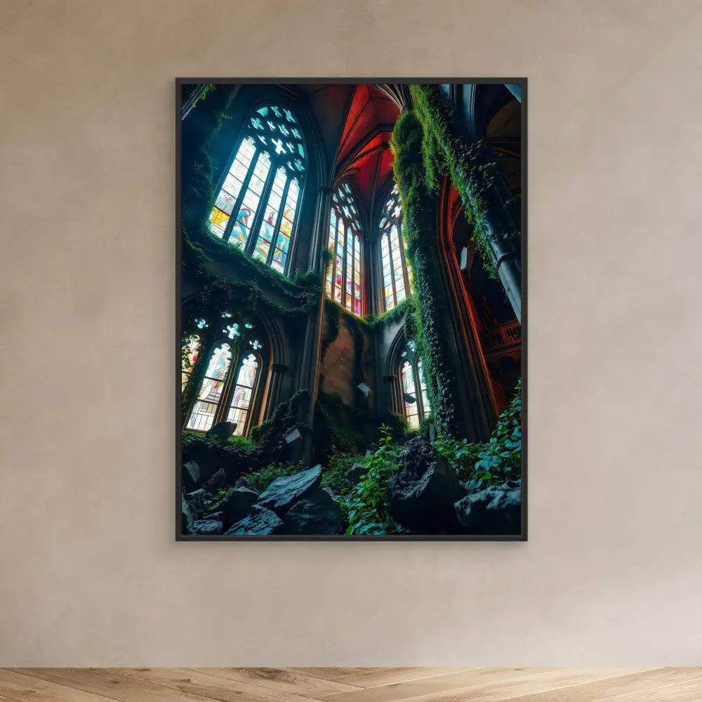 Abandoned gothic church interior with stained glass windows and overgrown vegetation.