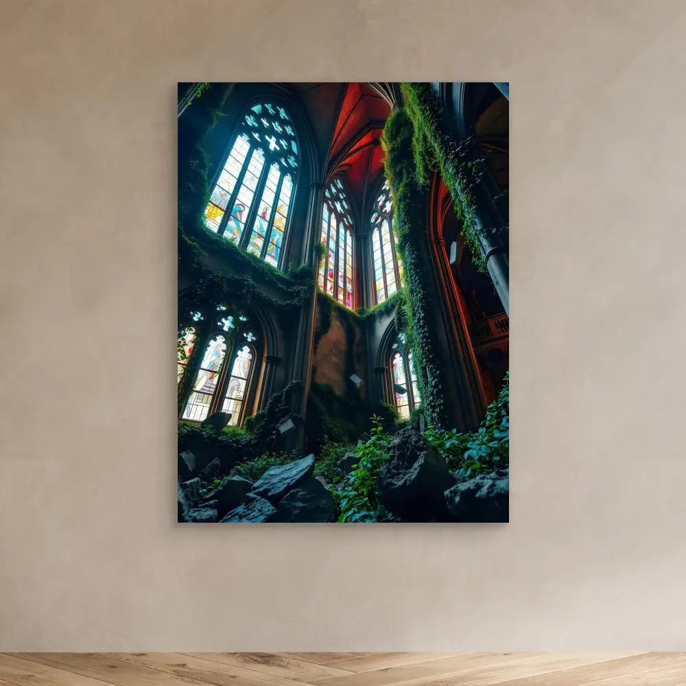 Abandoned gothic church interior with stained glass windows and overgrown vegetation.