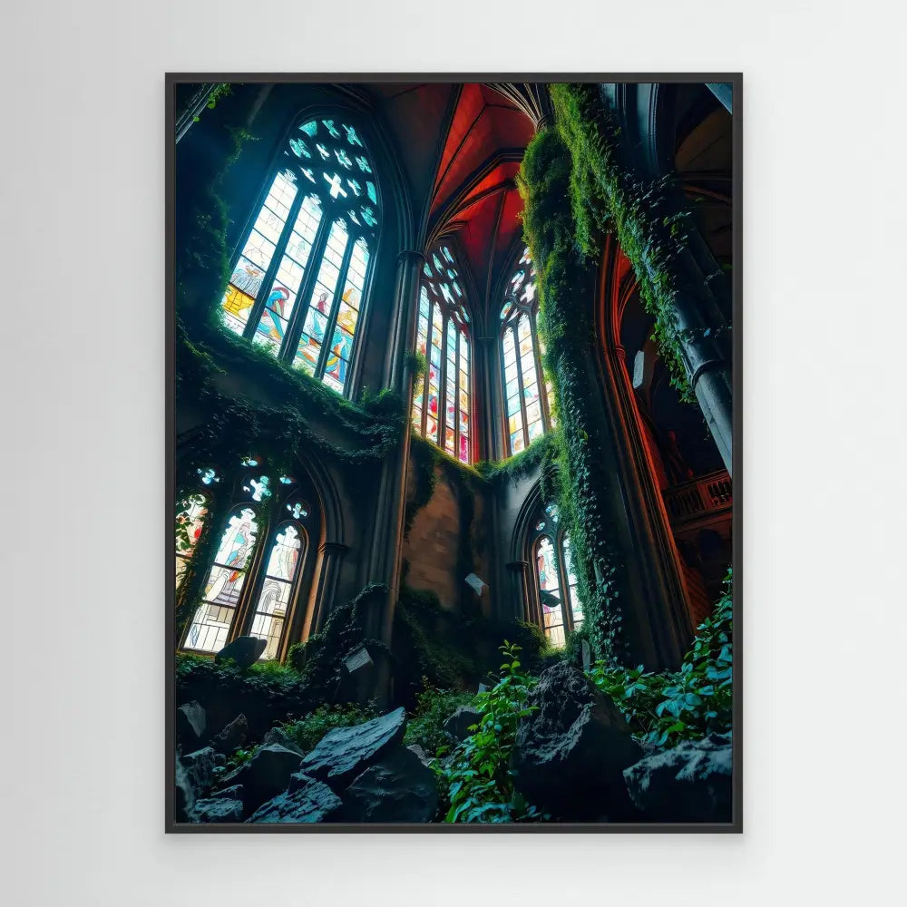 Abandoned gothic church with stained glass windows and climbing vines.