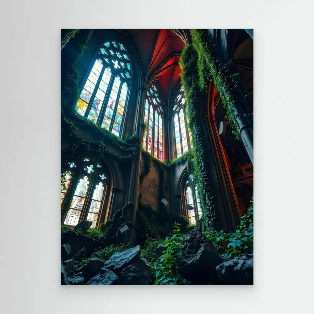 Abandoned gothic church with stained glass windows and overgrown vegetation.