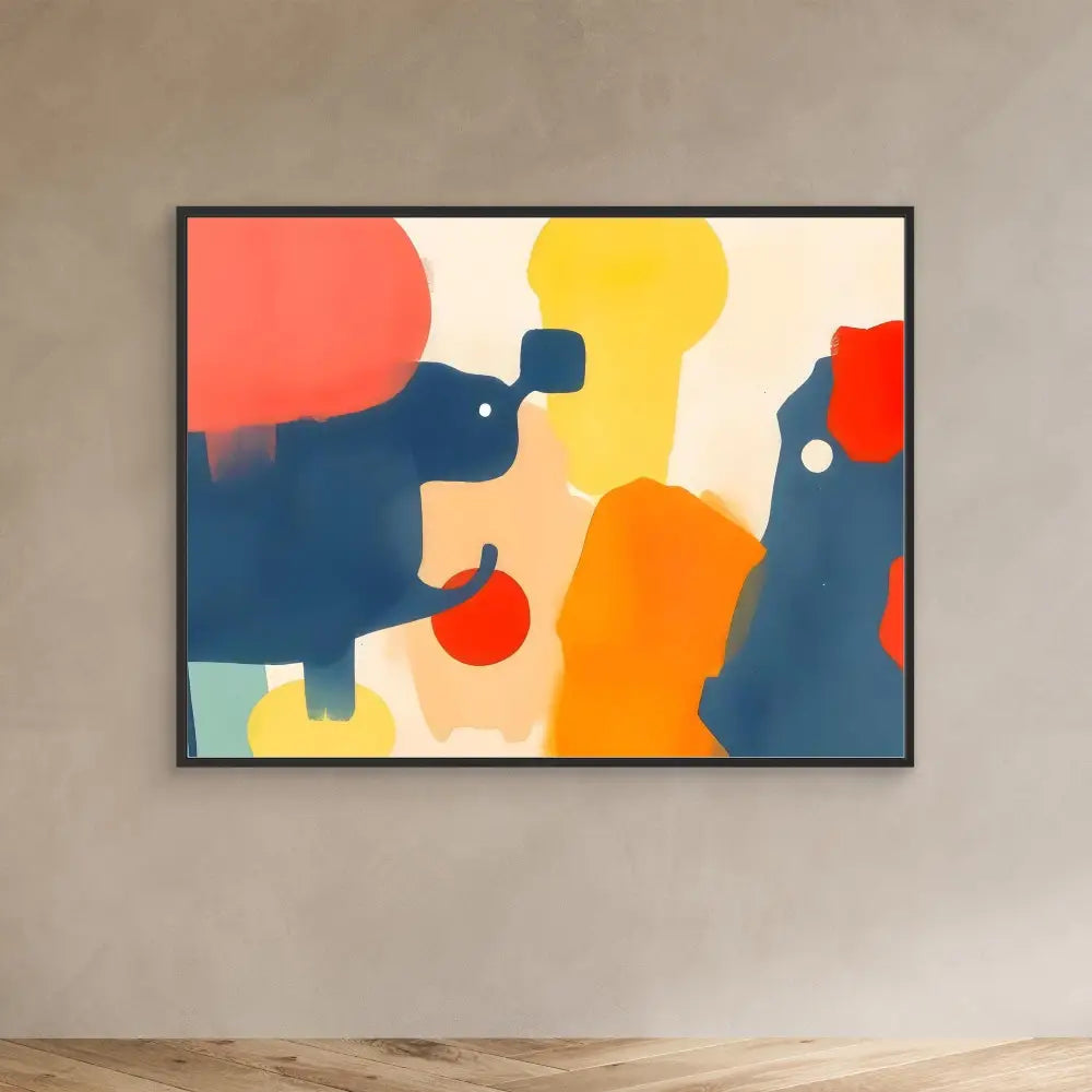 Abstract art painting featuring colorful geometric shapes and silhouettes of elephants in blue, red, orange and yellow tones.