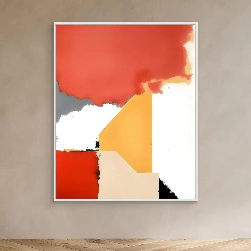 Abstract art painting featuring geometric shapes in red, orange, white and black colors.