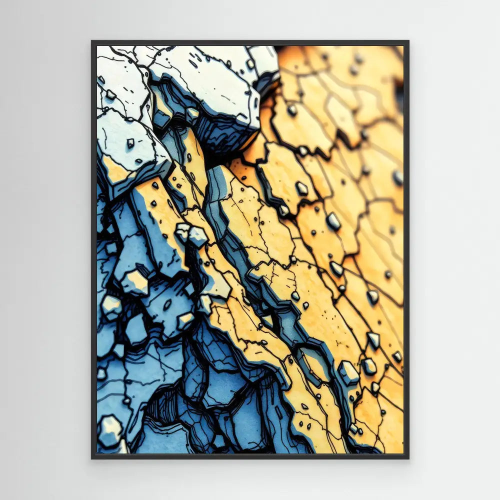 Abstract art piece featuring contrasting blue and yellow sections with crackled, organic patterns.