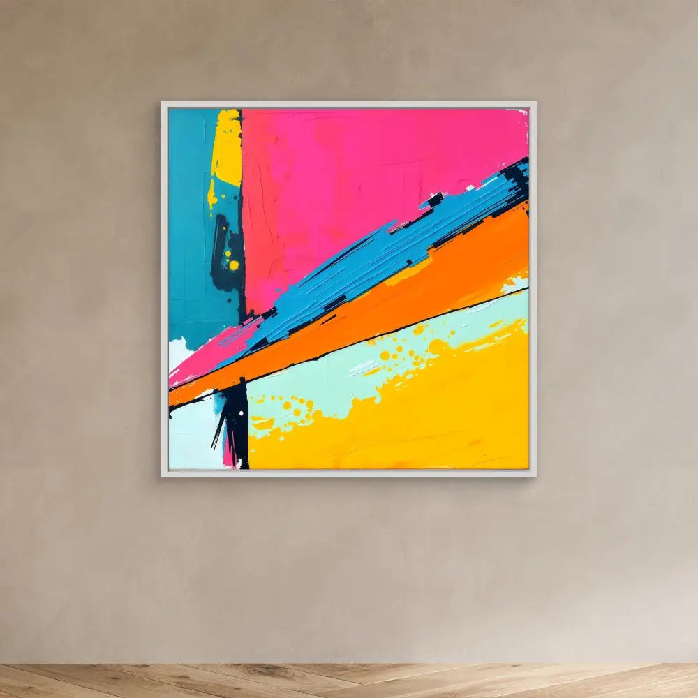 Abstract art piece featuring bold diagonal stripes in pink, orange, blue, and yellow with paint splatter effects.