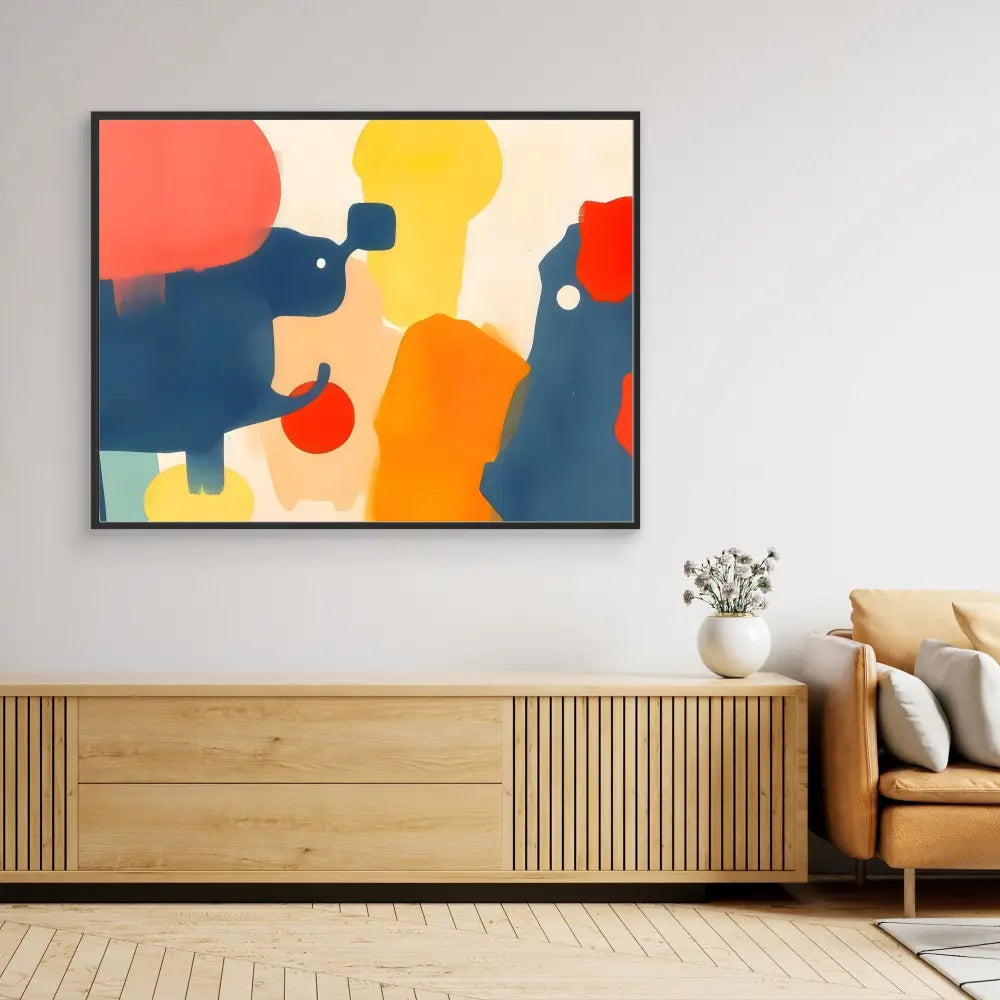 Abstract art piece featuring bold shapes in navy blue, coral red, yellow and orange colors.