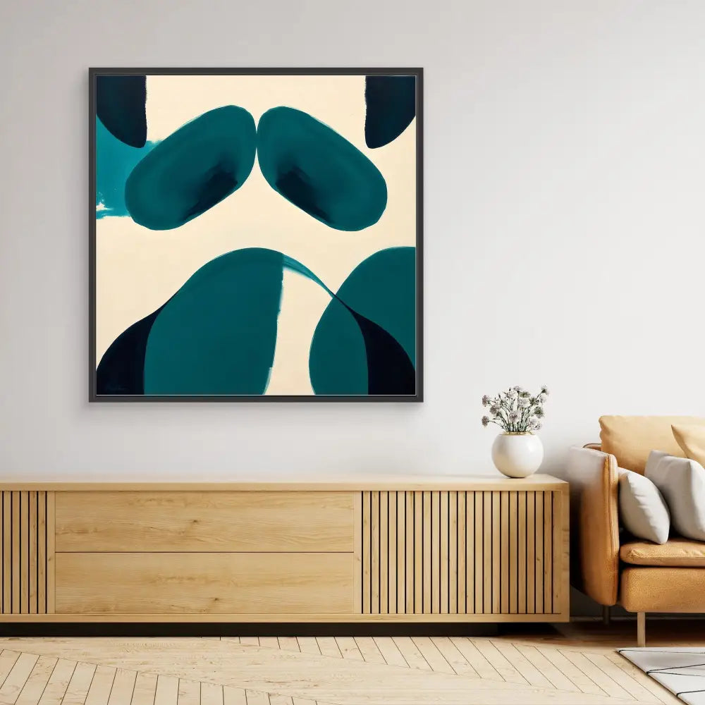 Abstract art piece featuring curved teal shapes against a cream background.