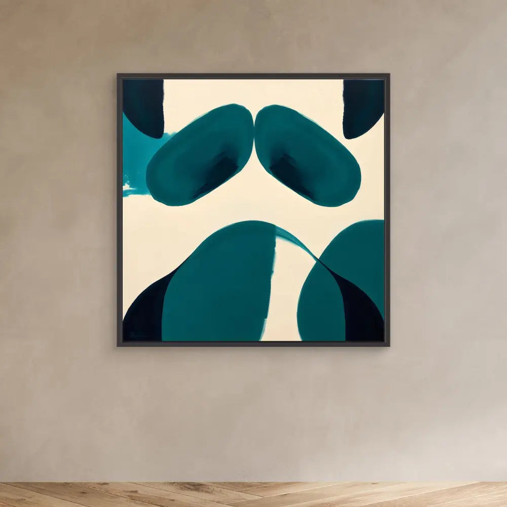 Abstract art piece featuring curved teal and navy shapes against a cream background.