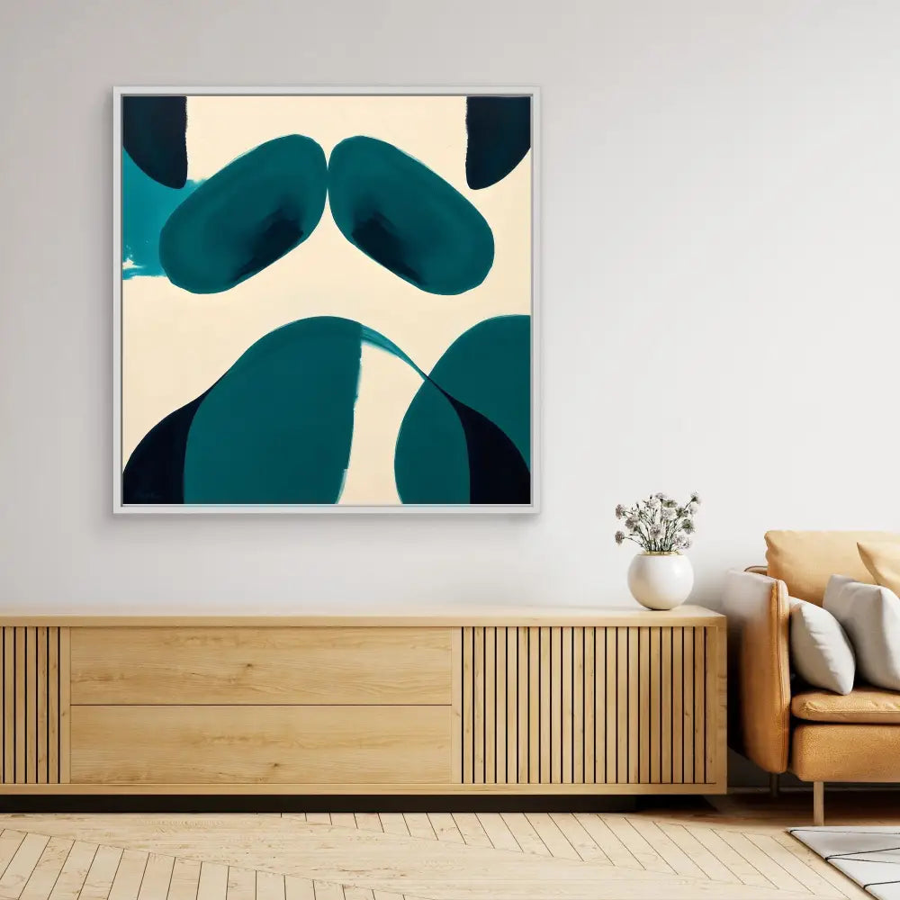 Abstract art piece featuring curved teal shapes against a cream background.