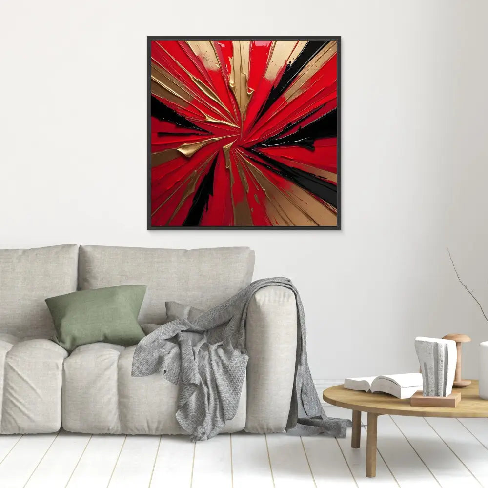 Abstract art piece featuring radiating lines in red, black and gold tones.