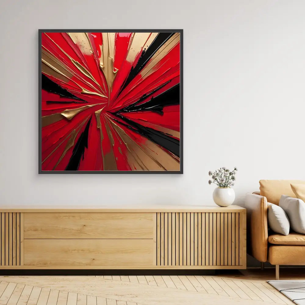 Abstract art piece featuring radiating lines in red, black and gold tones.