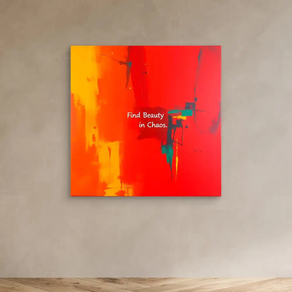 Abstract art piece with orange and red gradient featuring white text ’Find Beauty in Chaos’ and teal accents.