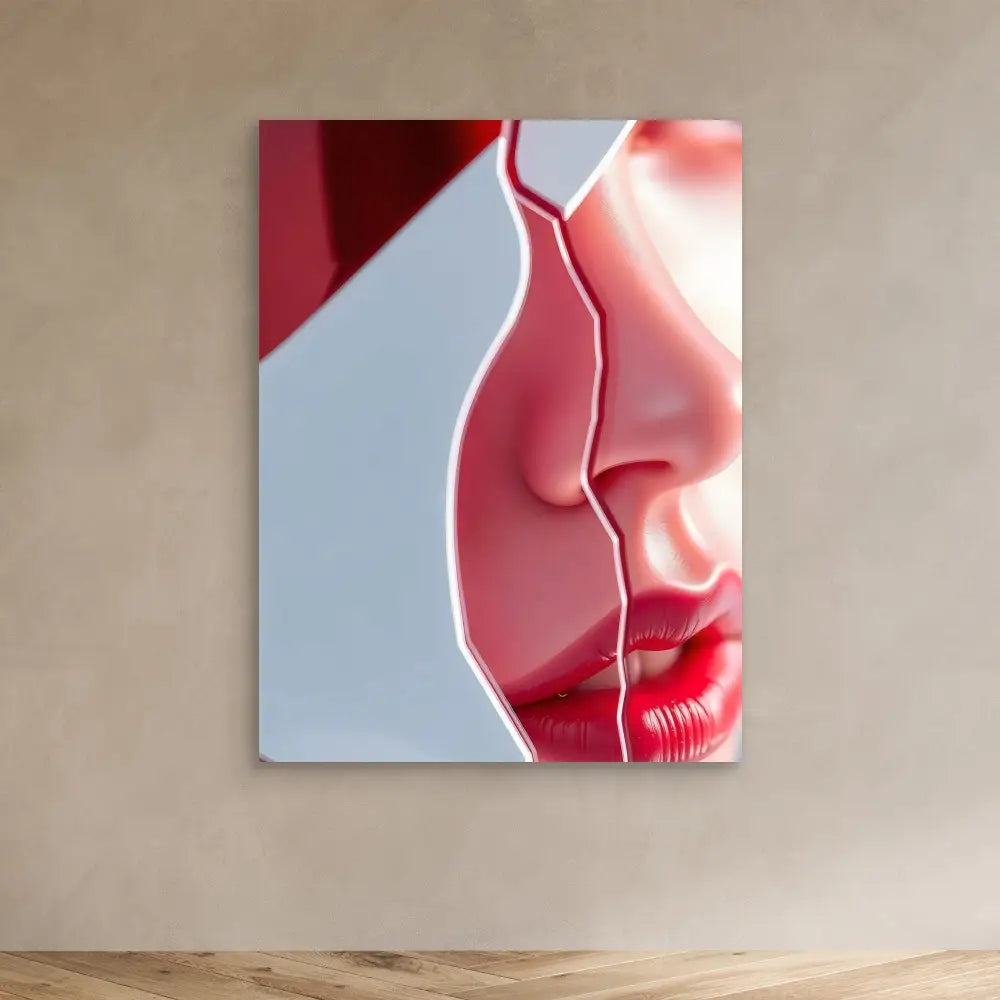 Abstract art piece showing a profile view of lips and nose in red and white tones.