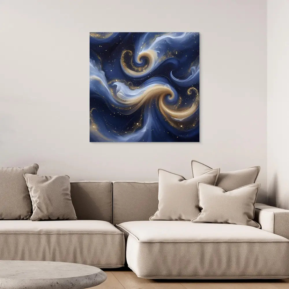 Abstract artwork featuring swirling blue and gold cosmic patterns.