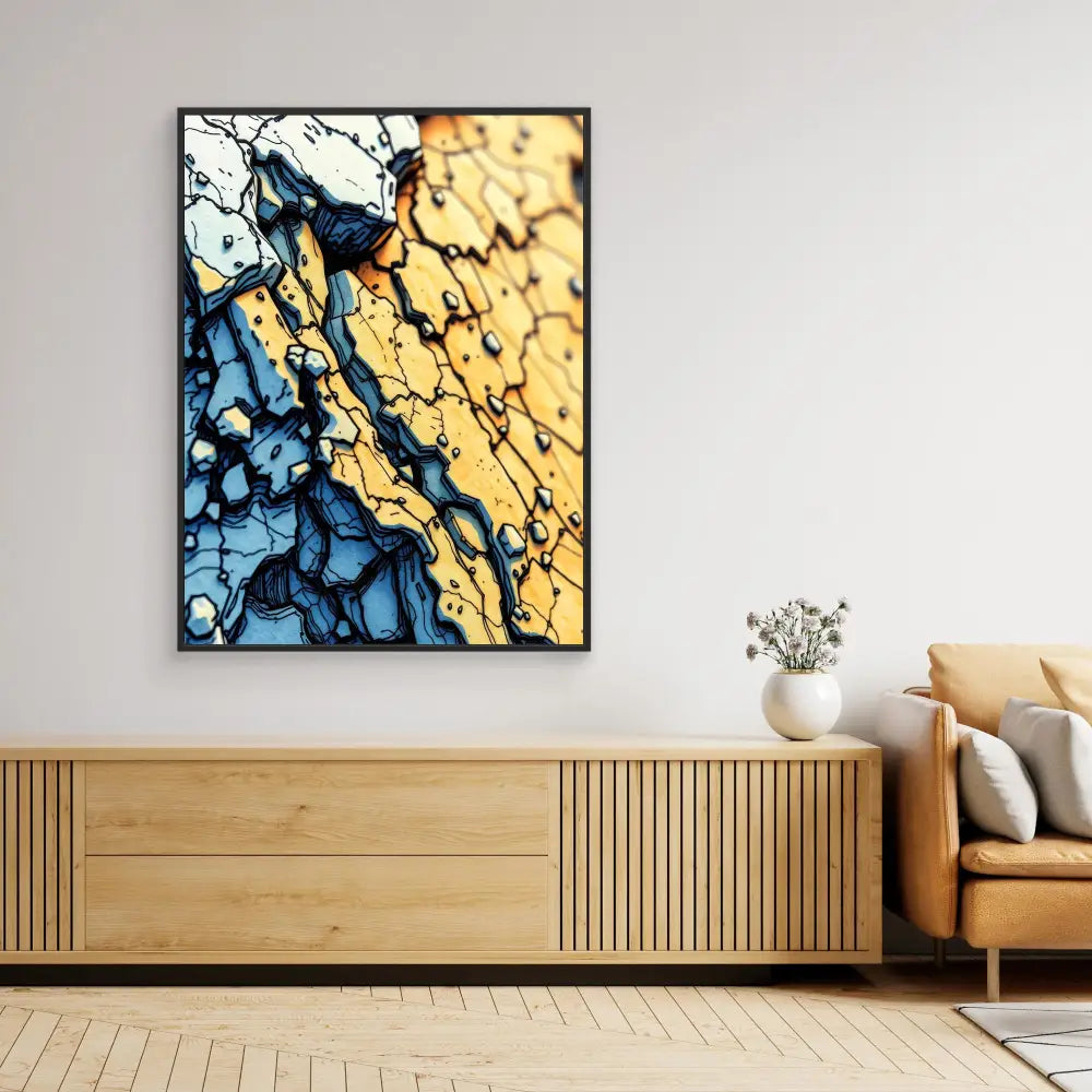 Abstract artwork featuring flowing blue and gold patterns with dark crackled textures.