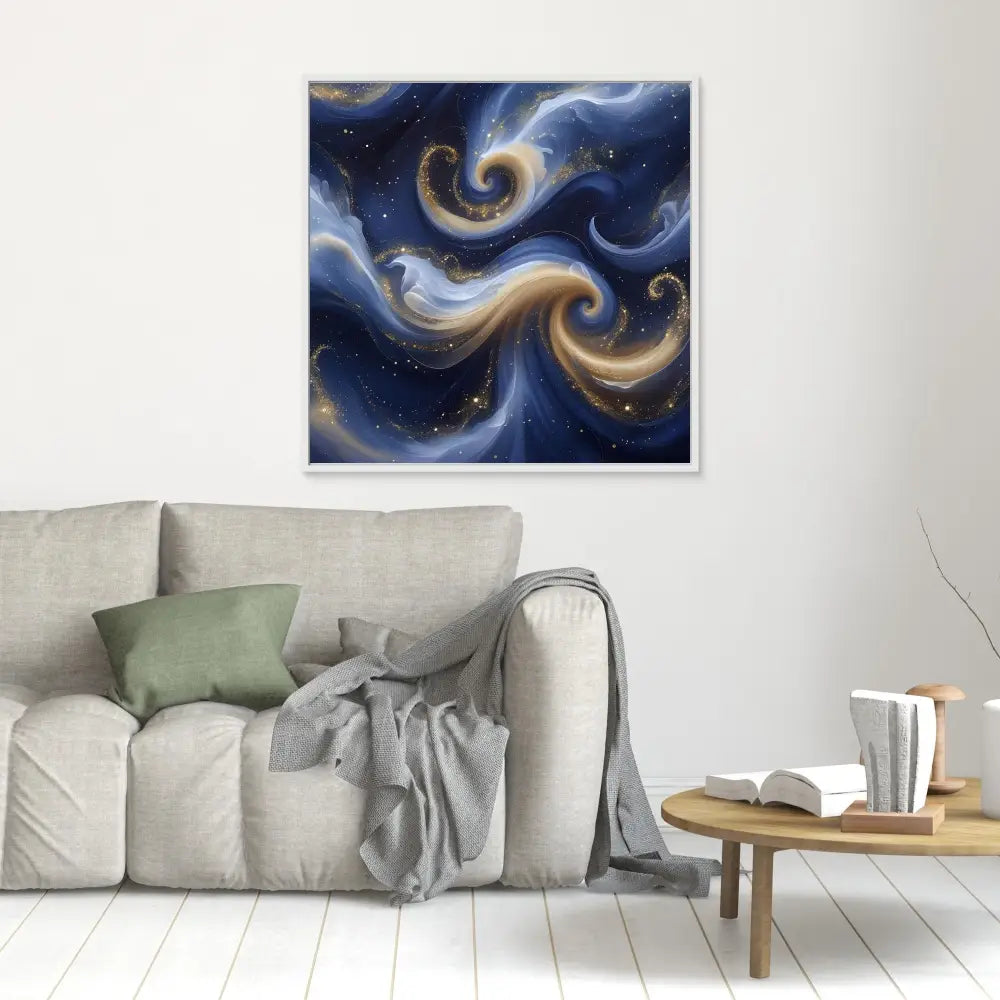 Abstract artwork featuring swirling blue and gold patterns against a starry dark background.