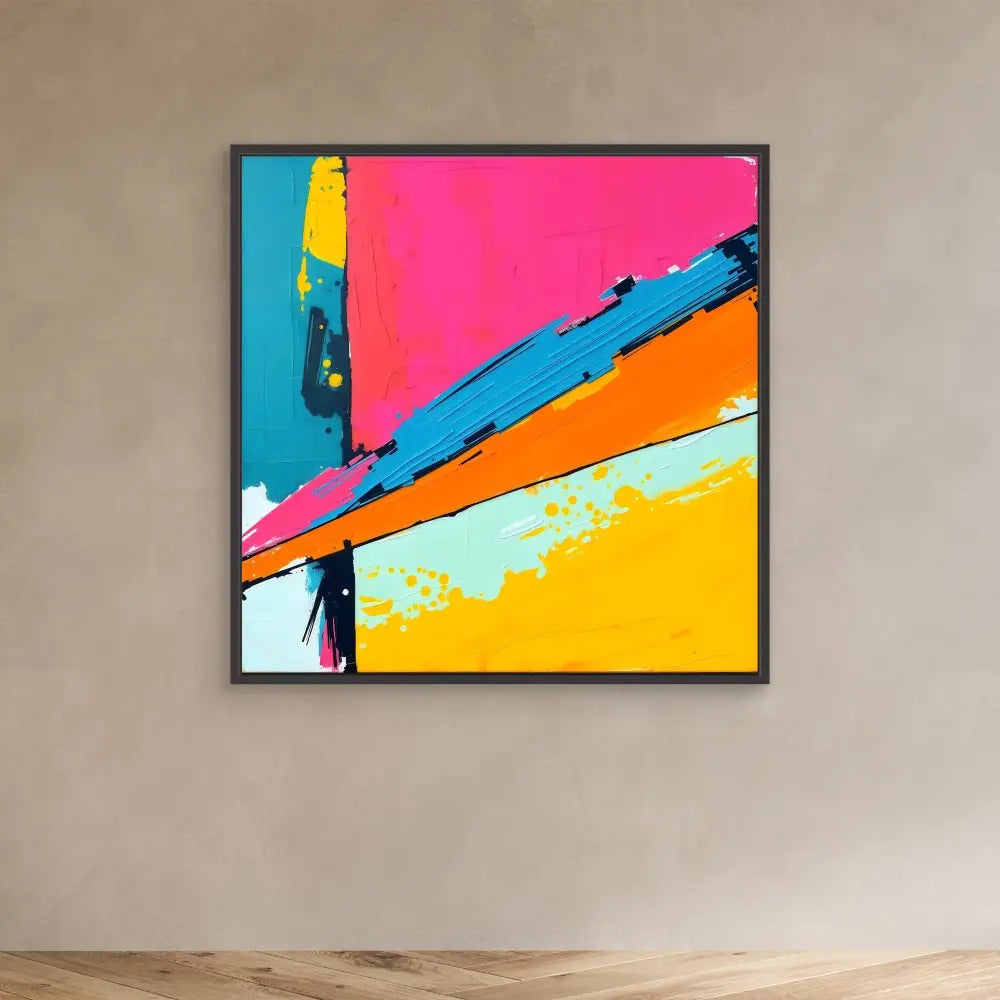 Abstract artwork featuring bold diagonal stripes in pink, orange, yellow, and turquoise colors.