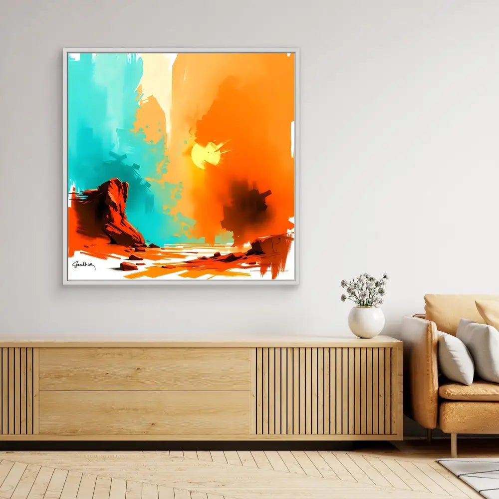 Abstract artwork featuring bold orange, turquoise and brown brushstrokes against a white canvas.