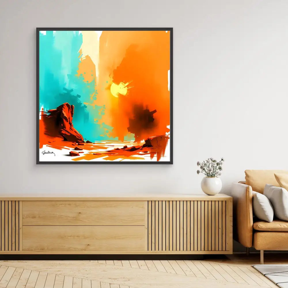 Abstract artwork featuring bold orange, turquoise and brown brushstrokes in a black frame.