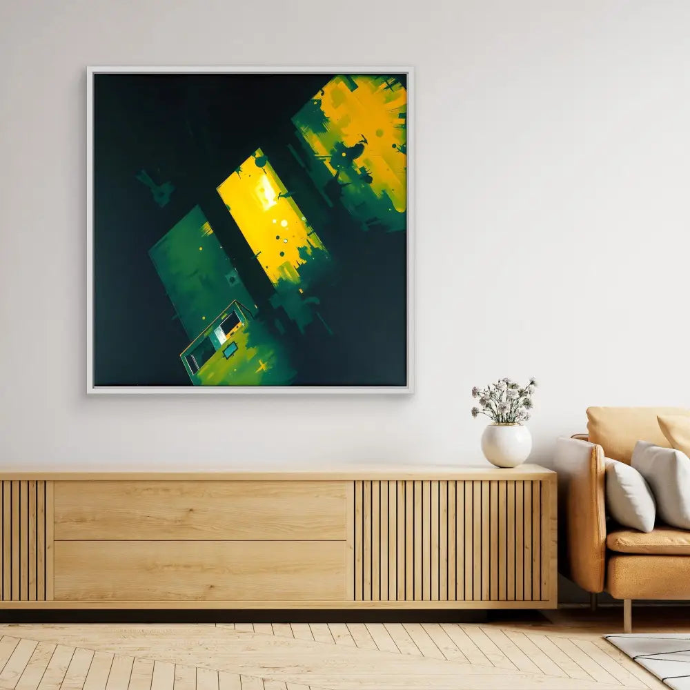 Abstract artwork featuring bold yellow and green geometric shapes on a dark background.