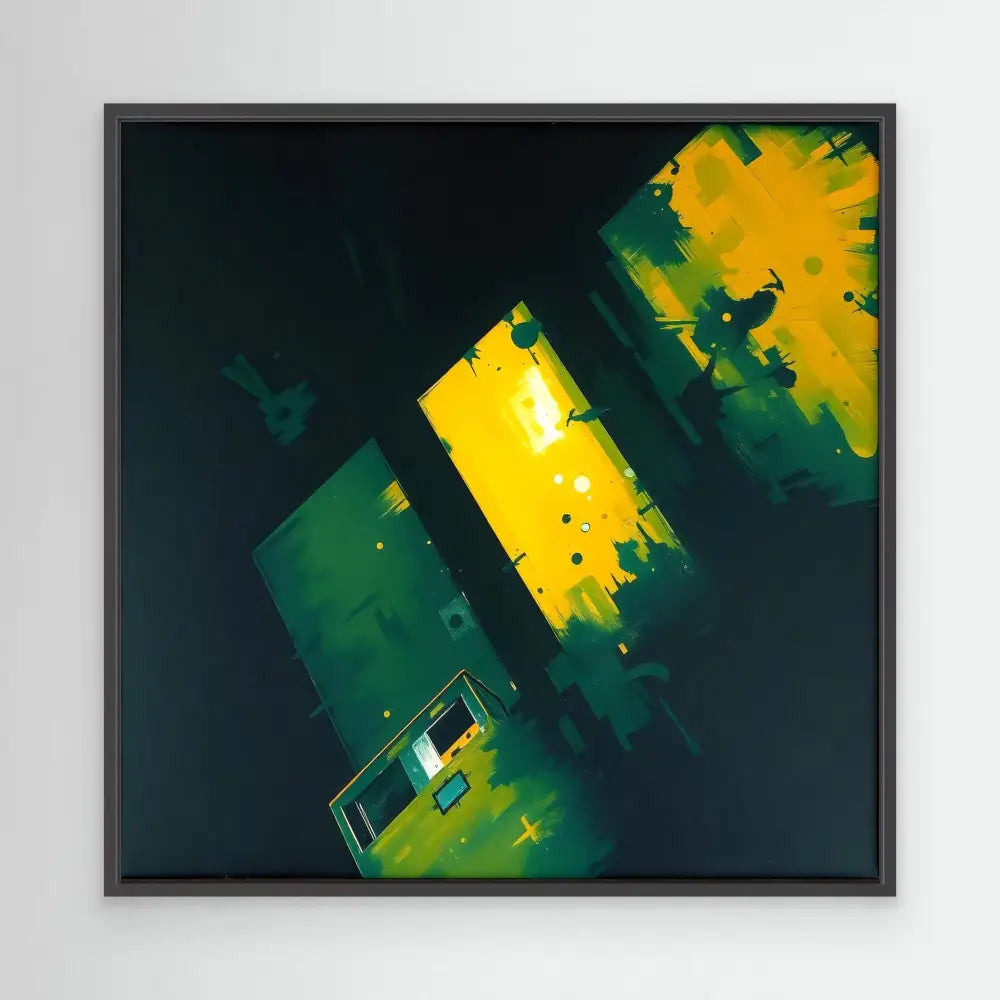 Abstract artwork featuring bold yellow and green geometric shapes in a diagonal composition.