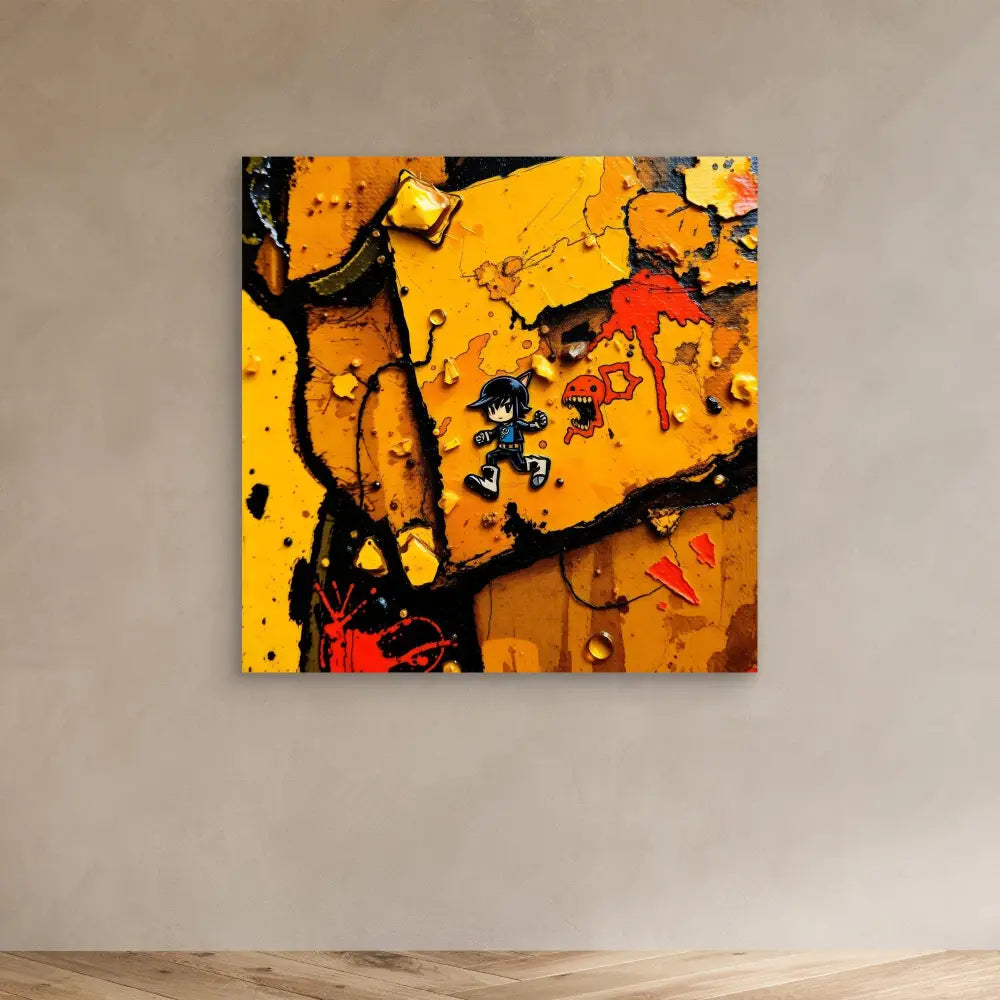 Abstract artwork featuring bold yellow and red paint with black accents and crackled textures.