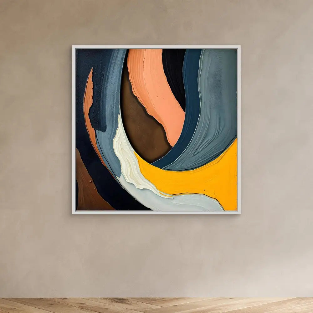 Abstract artwork featuring curved layers in orange, blue, brown, yellow and white tones.