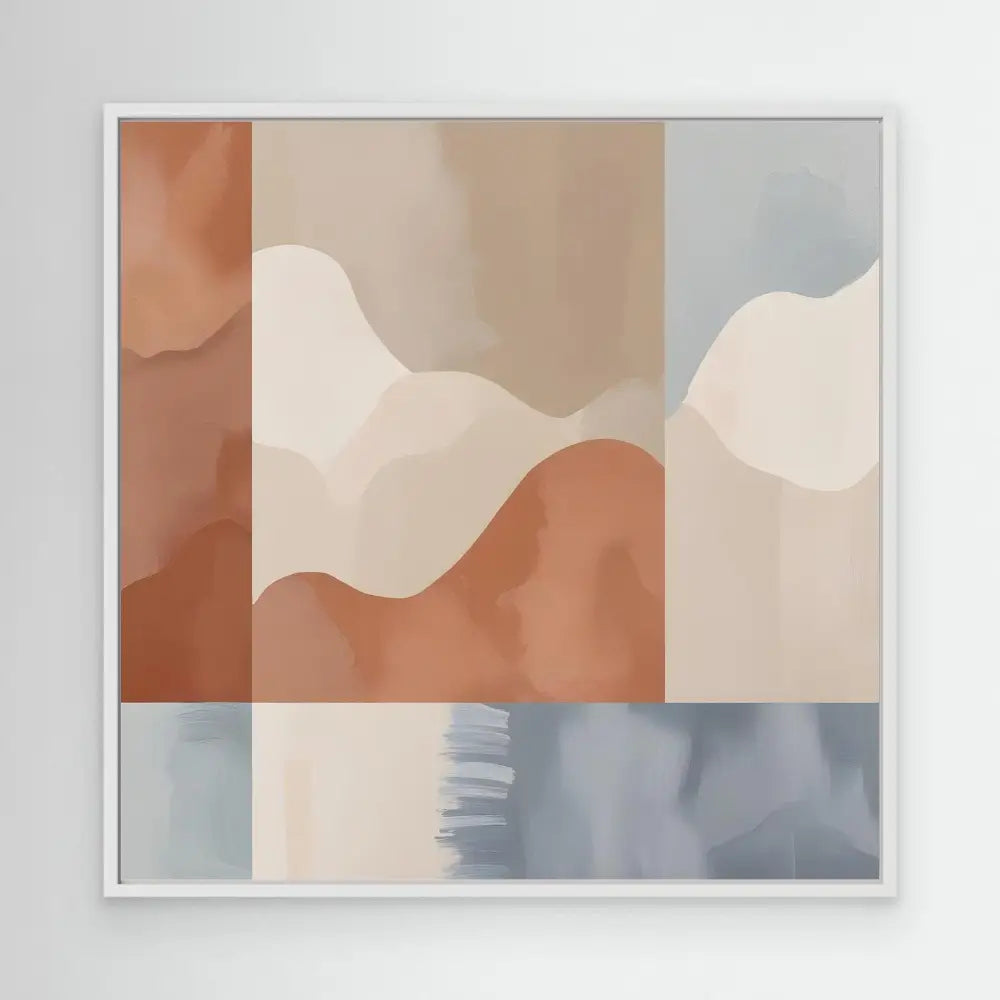 Abstract artwork featuring curved shapes in muted terracotta, beige and blue tones.