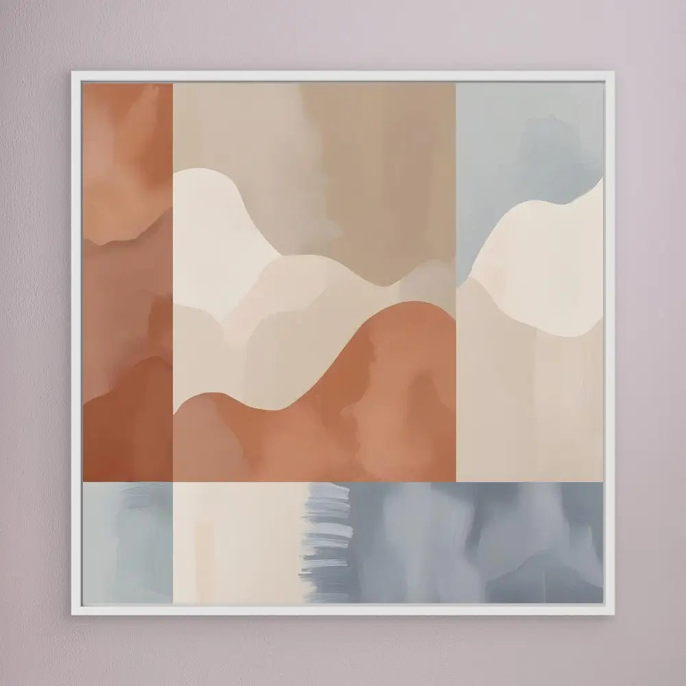 Abstract artwork featuring curved shapes in muted terracotta, beige and blue tones.