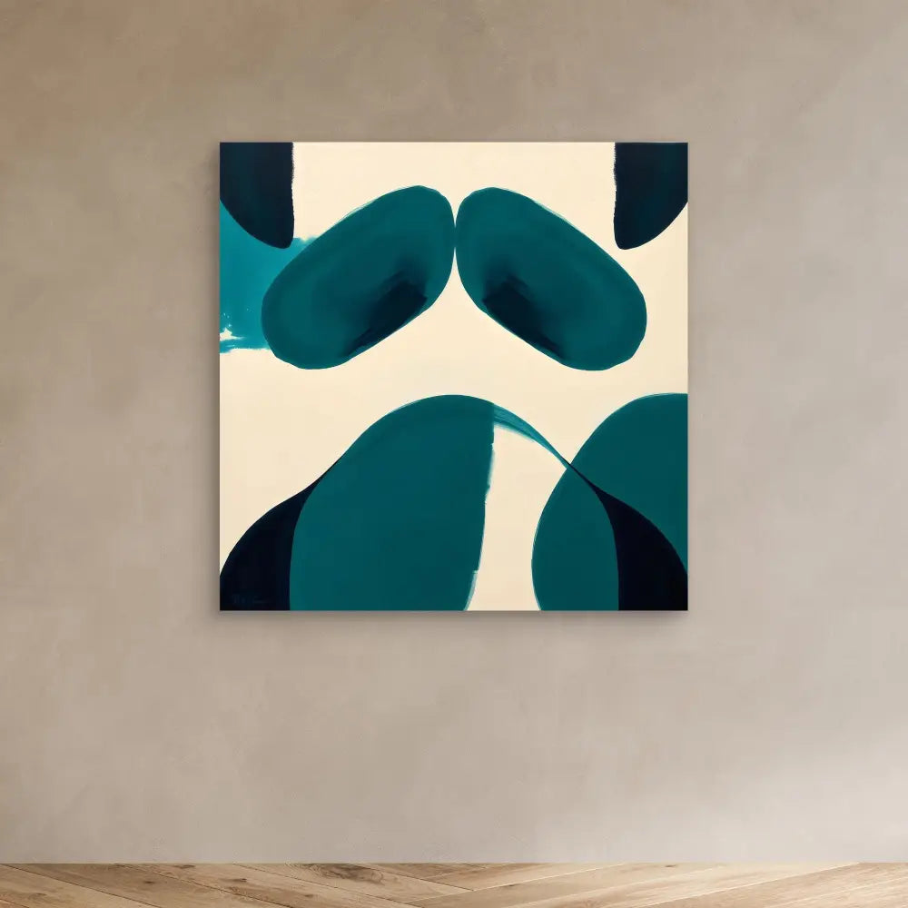 Abstract artwork featuring curved teal and navy shapes on a cream background.