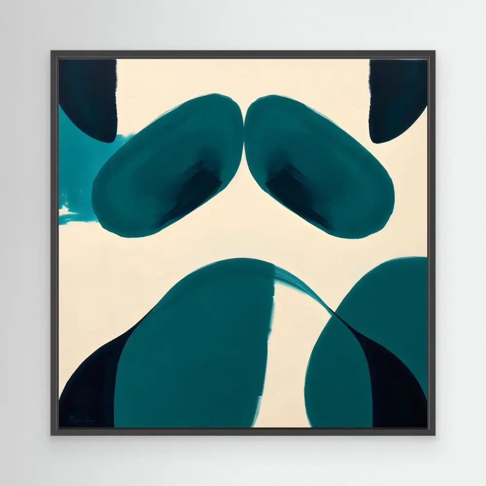 Abstract artwork featuring curved teal shapes against a cream background.