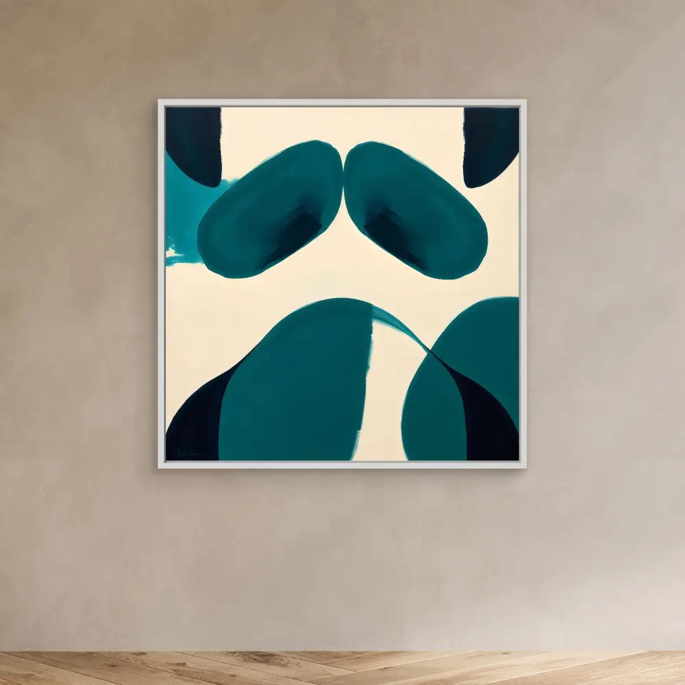 Abstract artwork featuring curved teal shapes against a cream background.