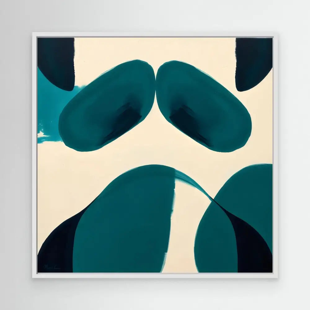 Abstract artwork featuring curved teal shapes against a cream background.