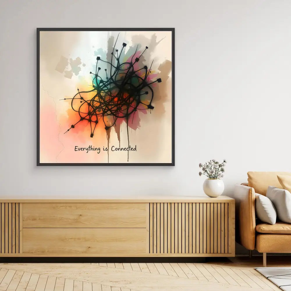 Abstract artwork featuring a dark splatter design with colorful watercolor effects and text reading ’Everything is Connected’