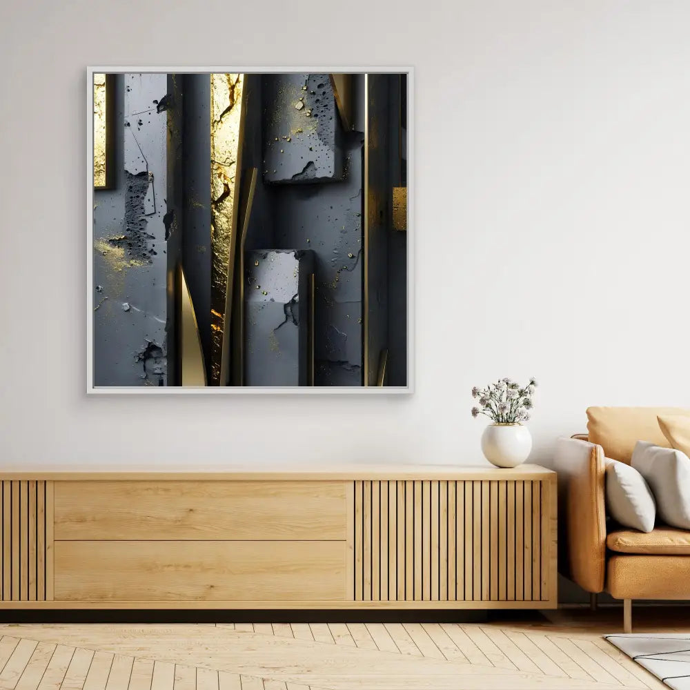 Abstract artwork featuring dark vertical stripes with gold accents and textured surfaces.