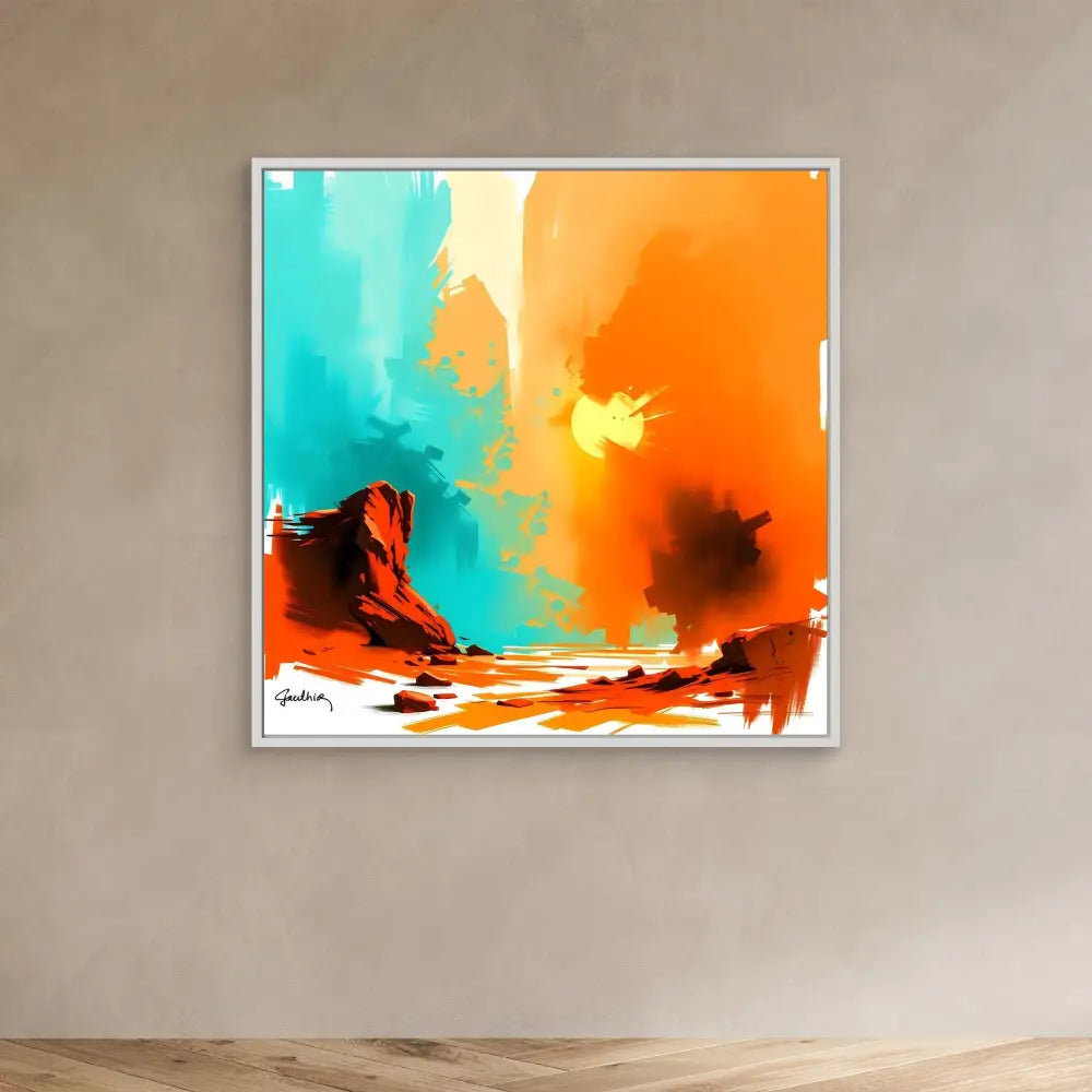 Abstract artwork featuring a desert landscape in vibrant turquoise and orange tones.