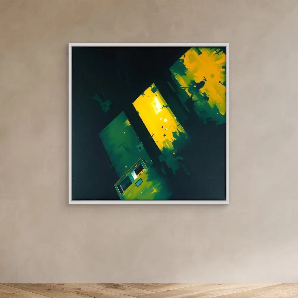 Abstract artwork featuring diagonal green and yellow geometric shapes.