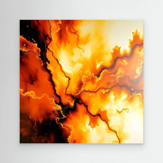 Abstract artwork featuring dramatic orange and black fluid patterns resembling lightning or cracks.