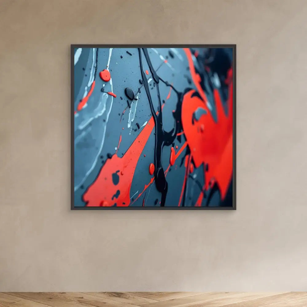 Abstract artwork featuring dramatic red paint splatters against a blue-grey background.