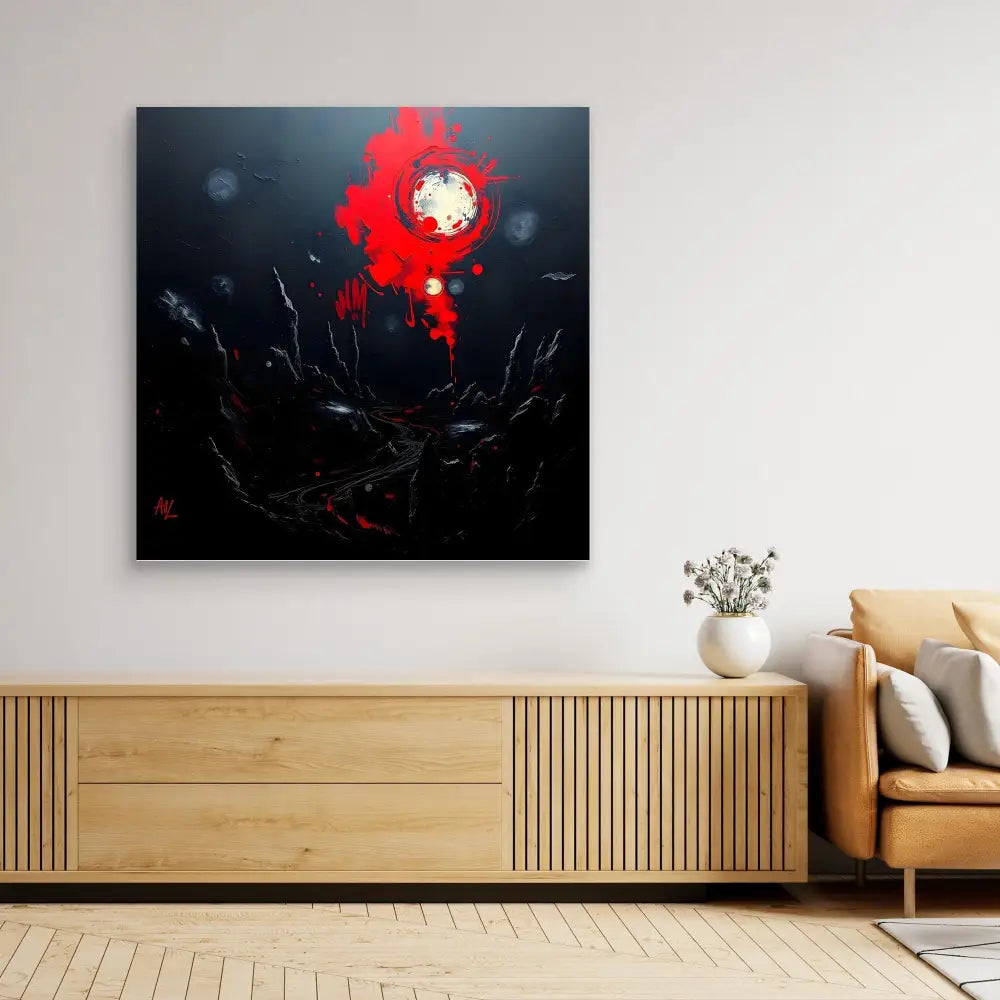 Abstract artwork featuring a dramatic red splash against a dark background.