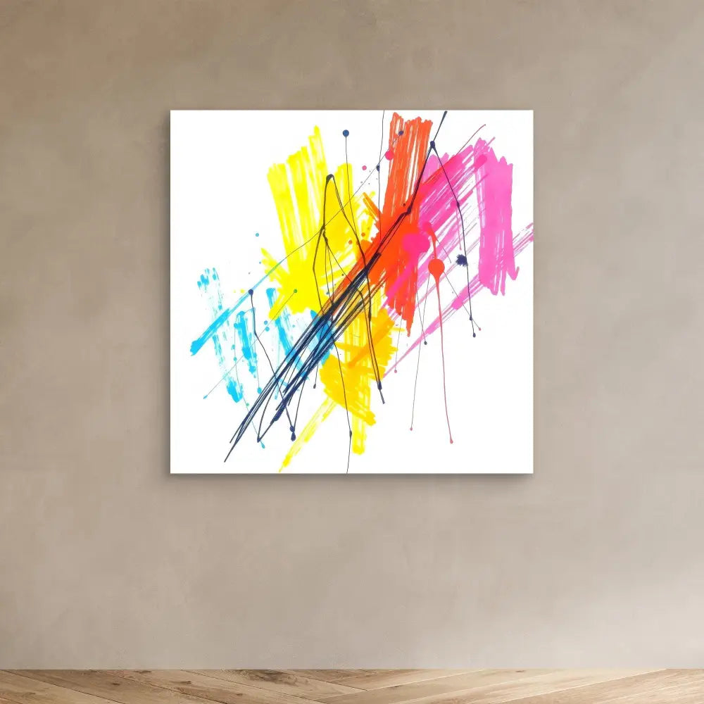 Abstract artwork featuring dynamic brushstrokes in yellow, red, pink, and blue with black linear elements.