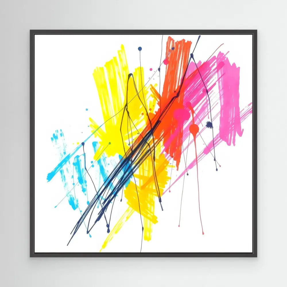 Abstract artwork featuring dynamic brushstrokes in yellow, orange, pink, and blue with black linear elements.