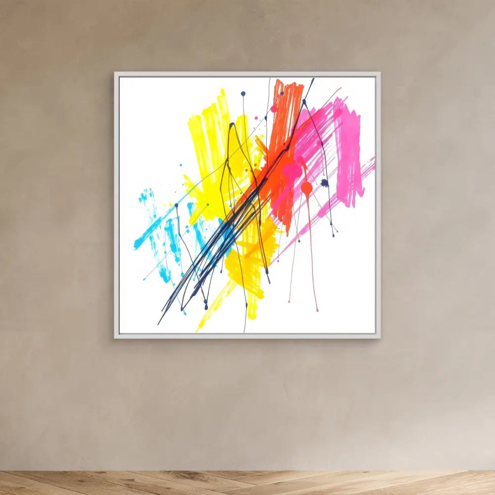 Abstract artwork featuring dynamic brushstrokes in yellow, pink, red and blue with black diagonal lines.