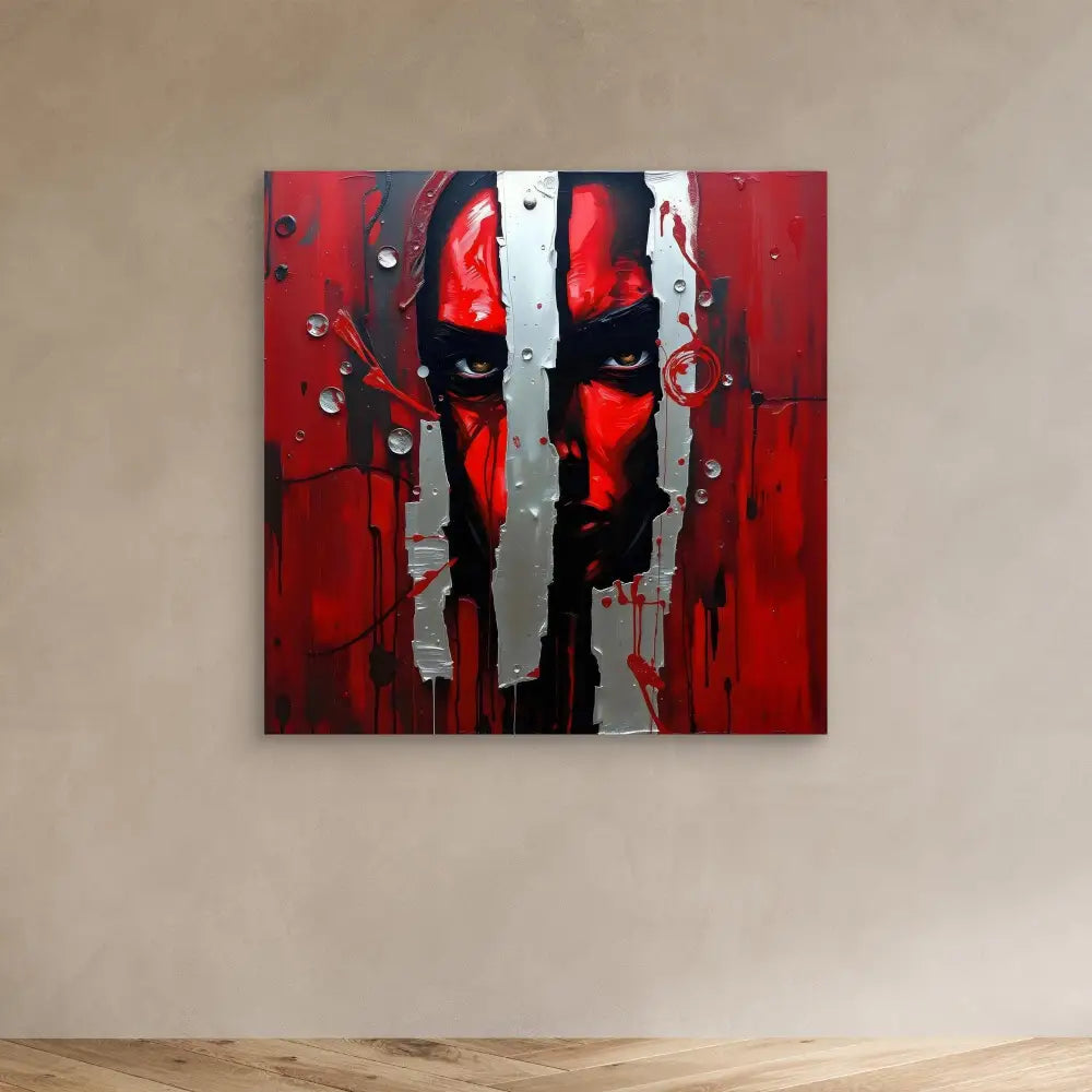 Abstract artwork featuring a face rendered in dramatic red and black tones with vertical silver stripes.