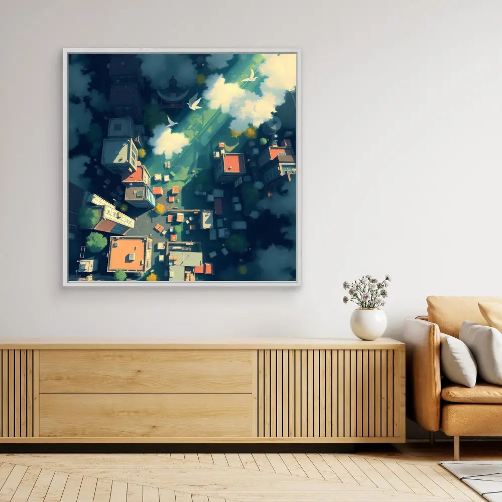 Abstract artwork featuring floating geometric houses against a dark teal sky with white birds.