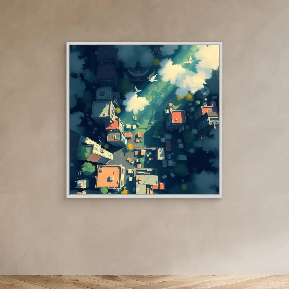 Abstract artwork featuring geometric houses with orange roofs against a dark teal sky.