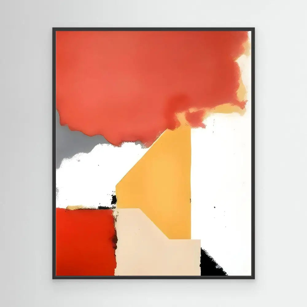 Abstract artwork featuring geometric shapes in red, orange, beige, white and black colors.